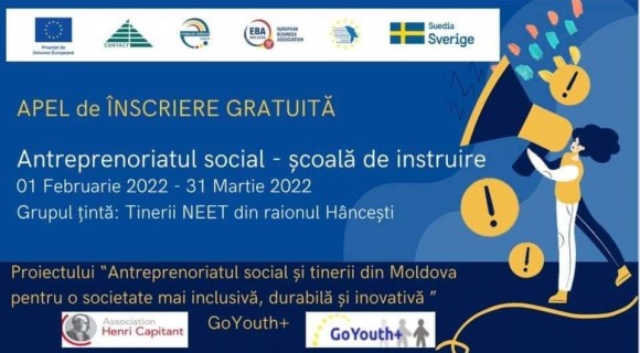 Tinerii  se pot înscrie la instruiri despre antreprenoriatul social. Vor fi acordate două mini granturi de 2.000 de euro